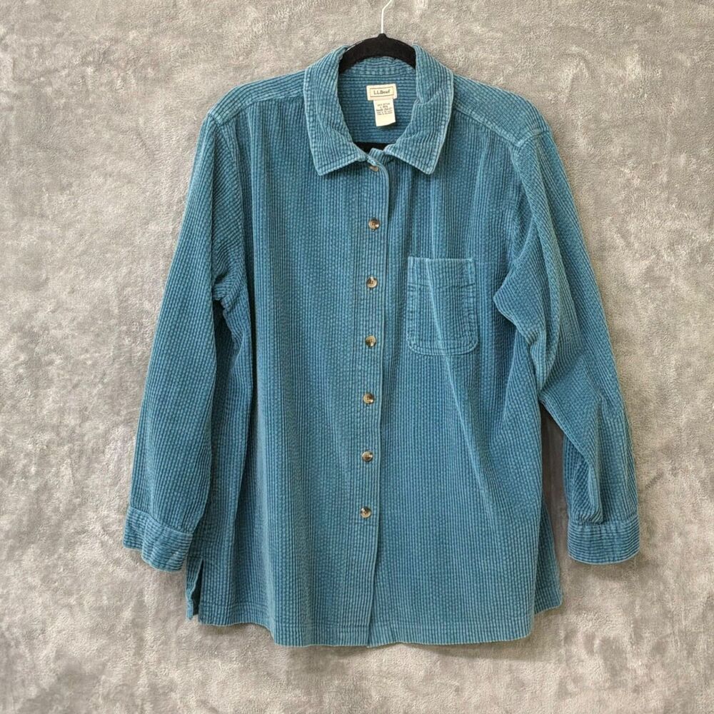 LL Bean Blue Wide Whale Corduroy Shirt Jacket L Vtg. Shacket Button Up *